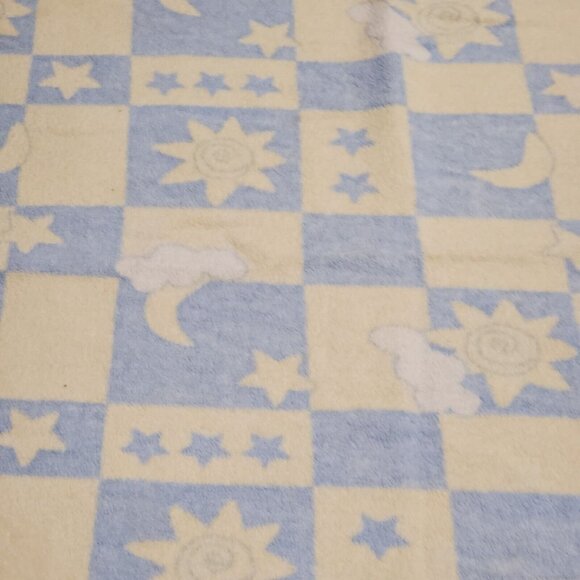 Vintage Y2K Baby Blanket Celestial Sun Moon Stars Fleece Blue Yellow Crown Craft - Picture 2 of 5